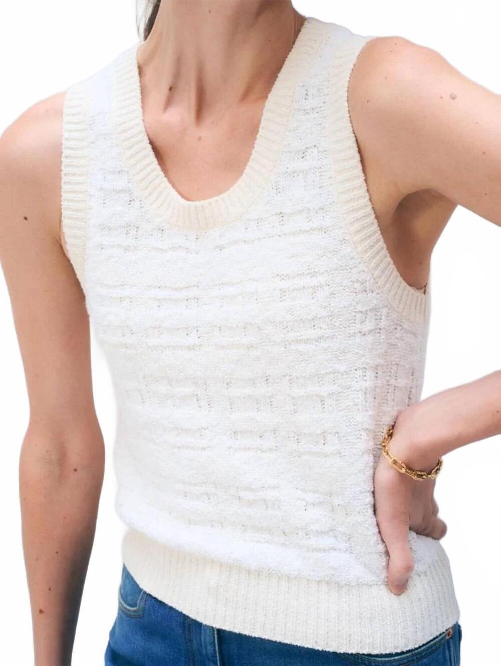 NEW WHITE + WARREN textured boucle tank top in tonal ivory